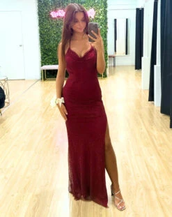 Aries Beaded Mesh Gown - Ruby