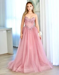 Aurora Strapless Corset Gown - Rose