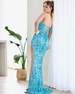 Guinevere Strapless Corset Sequin Gown - Aqua Blue -Curvy Charm Store 1N3A4539