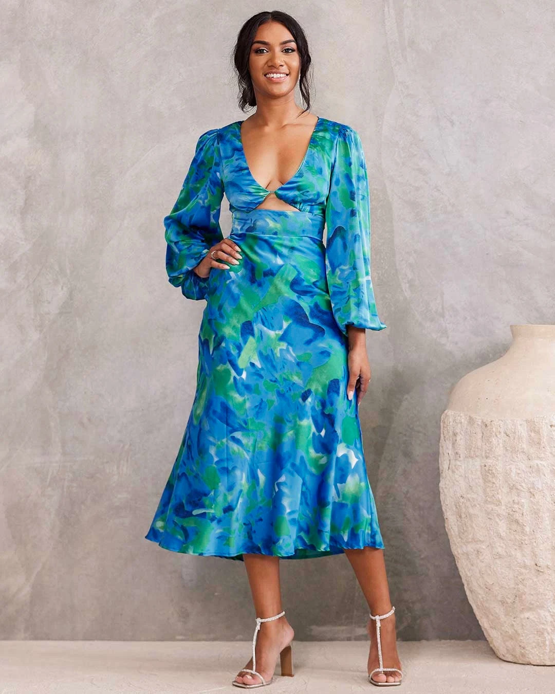 Kora Satin Midi Dress - Green/Blue Print 3 Kora Satin Midi Dress - Green/Blue Print