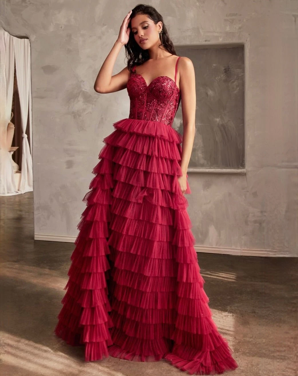 Cinamoon Layered Beaded Gown - Burgundy 3 Cinamoon Layered Beaded Gown - Burgundy