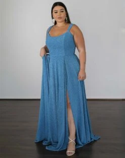 Hayley Metallic Jersey Gown - Sky Blue