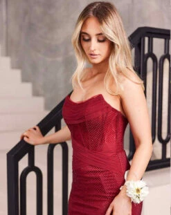 Amanda Corset Beaded Mesh Gown - Red