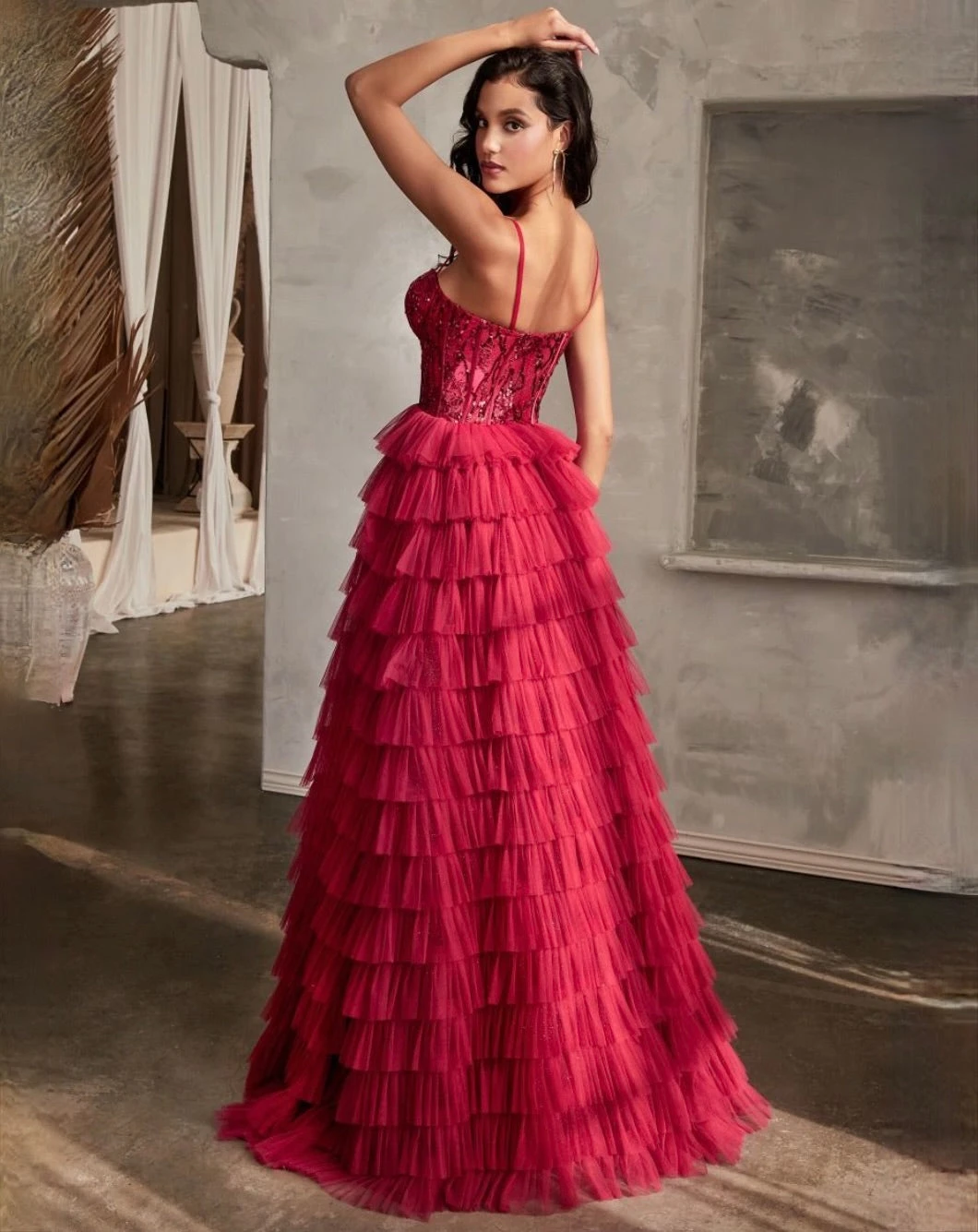 Cinamoon Layered Beaded Gown - Burgundy 4 Cinamoon Layered Beaded Gown - Burgundy - Image 2