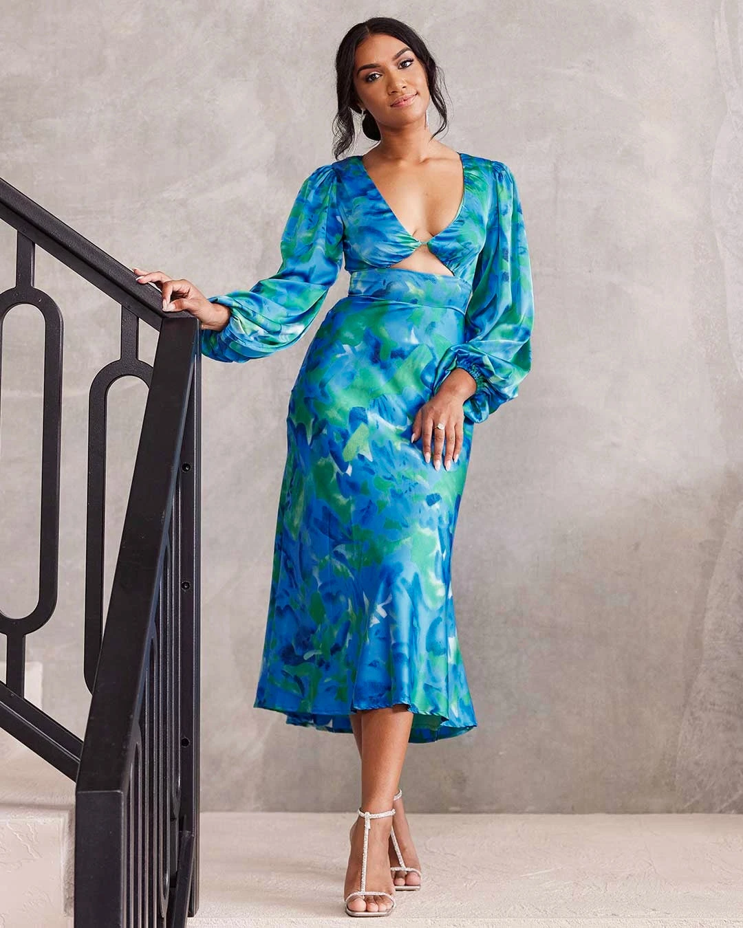 Kora Satin Midi Dress - Green/Blue Print 4 Kora Satin Midi Dress - Green/Blue Print - Image 2