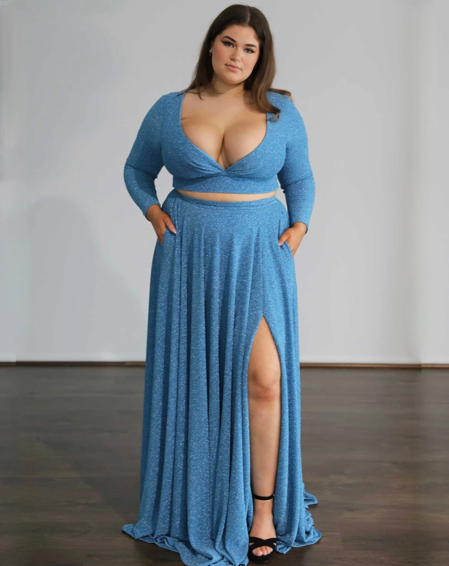 Alice Two Piece Metallic Jersey Gown - Sky Blue 6 Alice Two Piece Metallic Jersey Gown - Sky Blue - Image 4