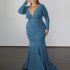 Ashley Metallic Jersey Gown - Sky Blue -Curvy Charm Store ASHELYMETALLIC.SKYBLUE