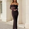 Arielle Mesh Off Shoulder Maxi Dress - Chocolate