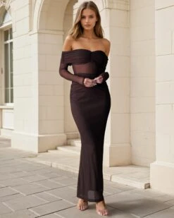 Arielle Mesh Off Shoulder Maxi Dress - Chocolate