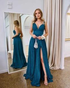 Ava Glitter Gown - Teal -Curvy Charm Store Ava Glitter Gown Front 2 Teal