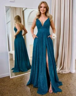 Ava Glitter Gown - Teal -Curvy Charm Store Ava Glitter Gown Front 3 Teal