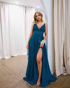 Ava Glitter Gown - Teal -Curvy Charm Store Ava Glitter Gown Front 4 Teal