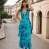 Bella Layered Chiffon Maxi Dress - Blue/Green Print -Curvy Charm Store Bella Layered Chiffon Maxi Dress Front 2 Blue Green Print Erica Italian Street