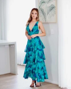Bella Layered Chiffon Maxi Dress - Blue/Green Print -Curvy Charm Store Bella Layered Chiffon Maxi Dress Front 3 Blue Green Print