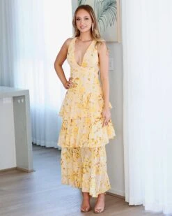 Bella Layered Chiffon Maxi Dress - Yellow Floral -Curvy Charm Store Bella Layered Chiffon Maxi Dress Front Yellow Print