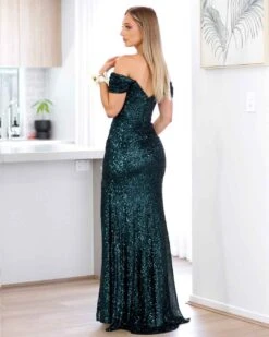Bellatrix Off Shoulder Sequin Gown - Emerald -Curvy Charm Store Bellatrix back emerald