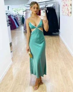 Billie Satin Midi Dress - Sage -Curvy Charm Store Billie Satin Midi Dress Front 1 Sage