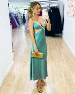 Billie Satin Midi Dress - Sage -Curvy Charm Store Billie Satin Midi Dress Side Front Sage