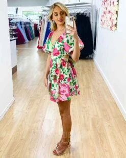 Blanca Mini Dress -White Floral Print -Curvy Charm Store Blanca Mini Dress Side White Floral Print