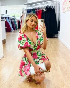 Blanca Mini Dress -White Floral Print -Curvy Charm Store Blanca Mini Dress Squatting 1 White Floral Print