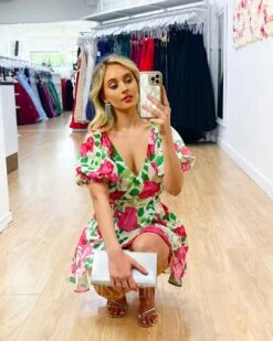 Blanca Mini Dress -White Floral Print -Curvy Charm Store Blanca Mini Dress Squatting White Floral Print