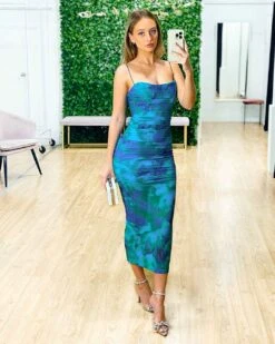 Calista Ruched Midi Dress - Blue/Green Print -Curvy Charm Store Calista Ruched Midi Dress Front 2 Bluue Green Print