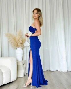 Carmela Glitter Gown - Cobalt -Curvy Charm Store Carmela Glitter Gown Side 1 Cobalt