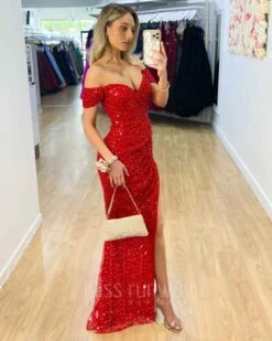 Carmen Sequin Gown - Red -Curvy Charm Store Carmen Sequin Gown Red Side2