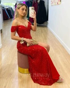 Carmen Sequin Gown - Red -Curvy Charm Store Carmen Sequin Gown Red Sitting1