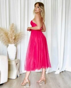Carrie Glitter Midi Dress - Fuchsia -Curvy Charm Store Carrie Glitter Midi Dress Side Back 1 Fuchsia