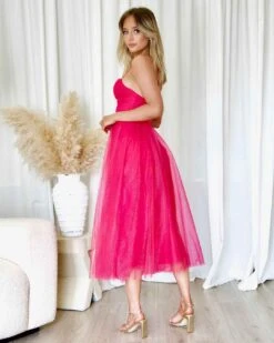 Carrie Glitter Midi Dress - Fuchsia -Curvy Charm Store Carrie Glitter Midi Dress Side Back Fuchsia