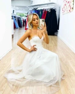 Carrie Midi Dress - White 16 Carrie Midi Dress - White -Curvy Charm Store Carrie Midi Gown Squatting 1 White