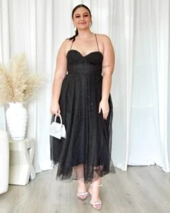 Carrie Glitter Midi Dress - Black 13 Carrie Glitter Midi Dress - Black -Curvy Charm Store CarrieGlitterTulleDressBlackKiaraFront