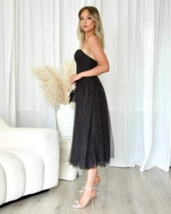 Carrie Glitter Midi Dress - Black 12 Carrie Glitter Midi Dress - Black -Curvy Charm Store CarrieGlitterTulleDressBlackPaigeSide