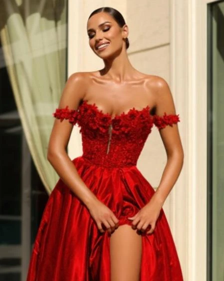 Celia Off Shoulder Corset Ball Gown - Red 4 Celia Off Shoulder Corset Ball Gown - Red - Image 2