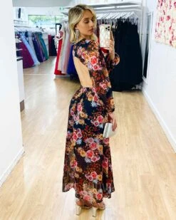 Chloe Chiffon Maxi Dress - Black Floral -Curvy Charm Store Chloe Chiffon Maxi Dress Back Black Floral