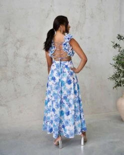 Cleo Chiffon Maxi Dress - Blue Floral -Curvy Charm Store Cleo Chiffon Maxi Dress Back 2 Blue Floral