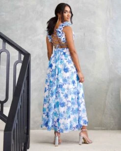 Cleo Chiffon Maxi Dress - Blue Floral -Curvy Charm Store Cleo Chiffon Maxi Dress Back Blue Floral