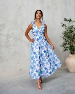 Cleo Chiffon Maxi Dress - Blue Floral -Curvy Charm Store Cleo Chiffon Maxi Dress Front 4 Blue Floral