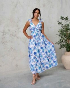 Cleo Chiffon Maxi Dress - Blue Floral -Curvy Charm Store Cleo Chiffon Maxi Dress Front 5 Blue Floral