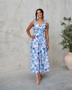 Cleo Chiffon Maxi Dress - Blue Floral -Curvy Charm Store Cleo Chiffon Maxi Dress Front 7 Blue Floral