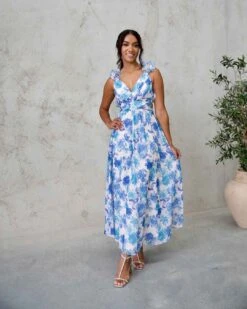 Cleo Chiffon Maxi Dress - Blue Floral -Curvy Charm Store Cleo Chiffon Maxi Dress Front 8 Blue Floral
