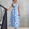 Cleo Chiffon Maxi Dress - Blue Floral -Curvy Charm Store Cleo Chiffon Maxi Dress Front Blue Floral