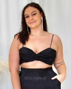 Curvy Charm Store -Curvy Charm Store Cordelia Satin Top Black Cropped Front Kiara