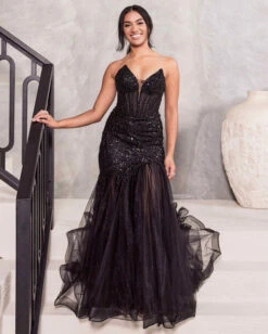 Daisy Beaded Strapless Gown - Black