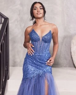 Daisy Beaded Strapless Gown - Lapis Blue