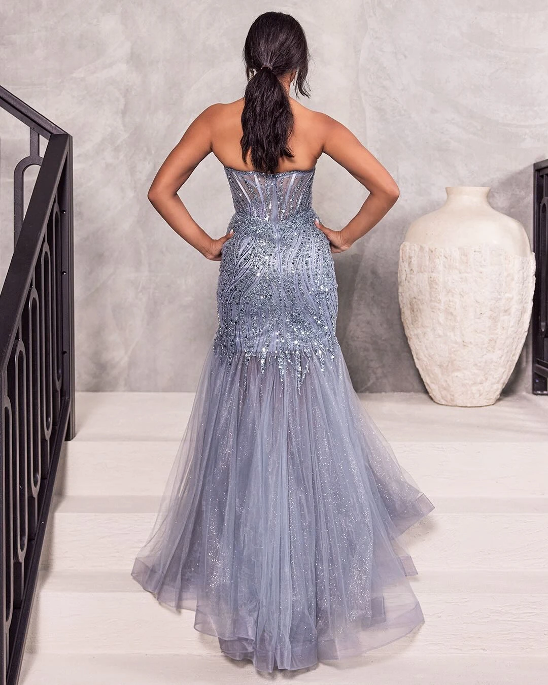 Daisy Beaded Strapless Gown - Smoky Blue 4 Daisy Beaded Strapless Gown - Smoky Blue - Image 2