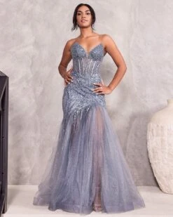 Daisy Beaded Strapless Gown - Smoky Blue