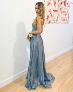 Delphine Glitter Gown - Ocean Blue -Curvy Charm Store Daphne Sparkle Satin Gown Ocean Blue 4