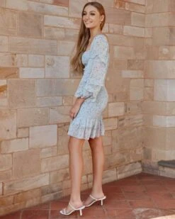 Elena Floral Dress - Baby Blue -Curvy Charm Store Elena Floral Dress Side Blue